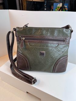 Stone Mountain Waahed Leather Supersize Cross Body Purse Olive Green & Brown