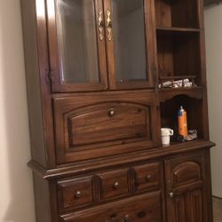 Vintage Pecan Wood Cabinet With Lights