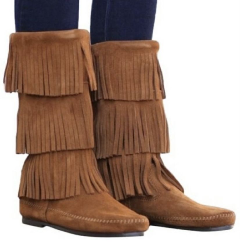 nwot MINNETONKA suede moccasin layered fringe calf high boots Size 6