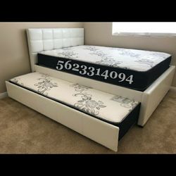 FULL/TWIN WHITE TRUNDLE BED W. ORTHOPEDIC MATTRESSES INCLUDED 