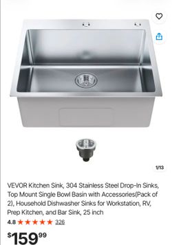 VEVOR 25" Stainless Steel Drop-In Kitchen Sink