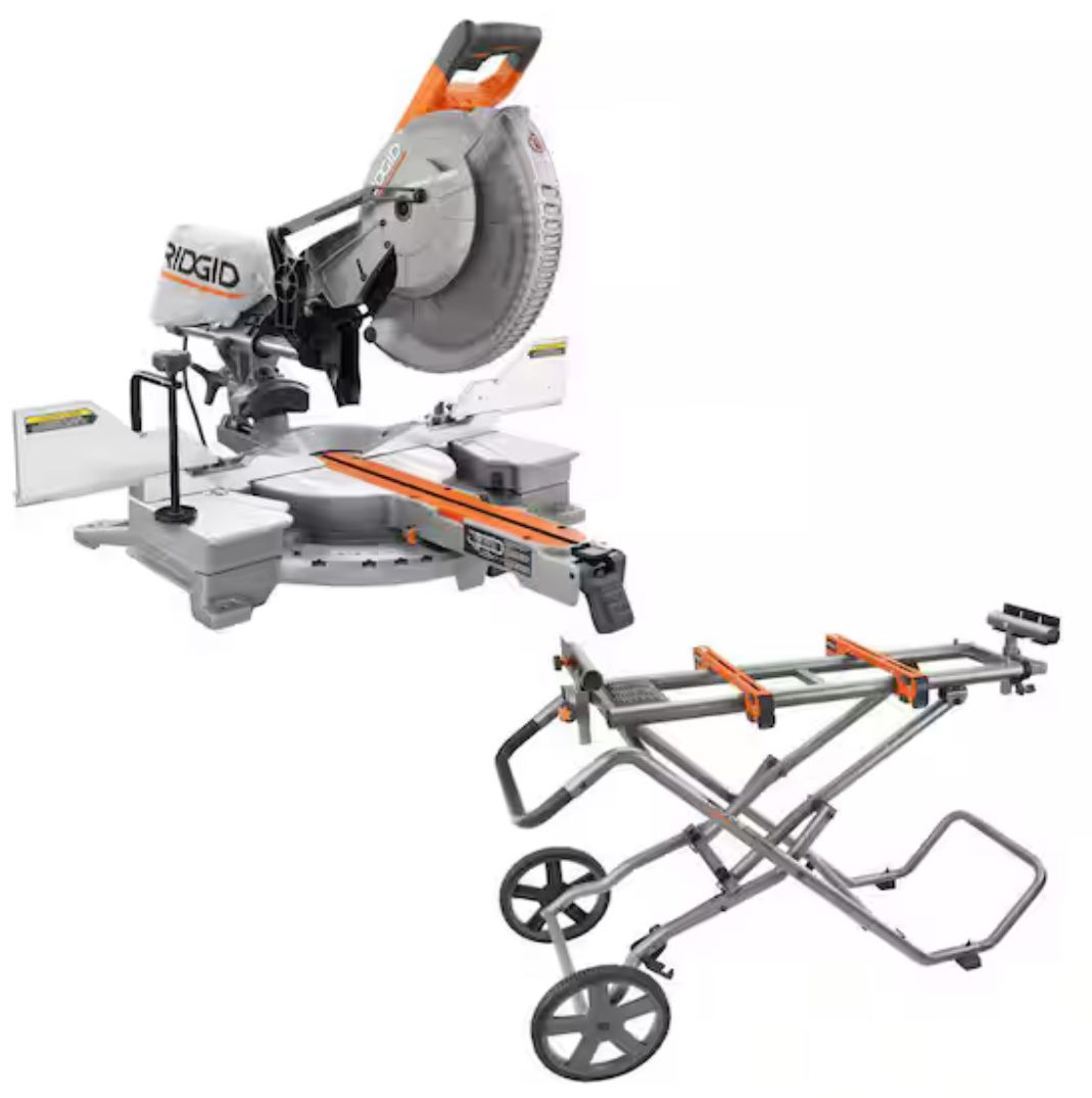 RIDGID 15 Amp 12 in. Corded Sliding Miter Saw and Universal Mobile Miter Saw Stand with Mounting Braces.