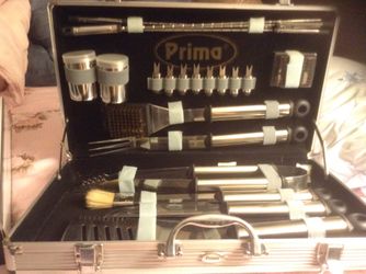 New barbecue tool set, 21 pieces in a metal case, stainless steel, Prima brand, elegant