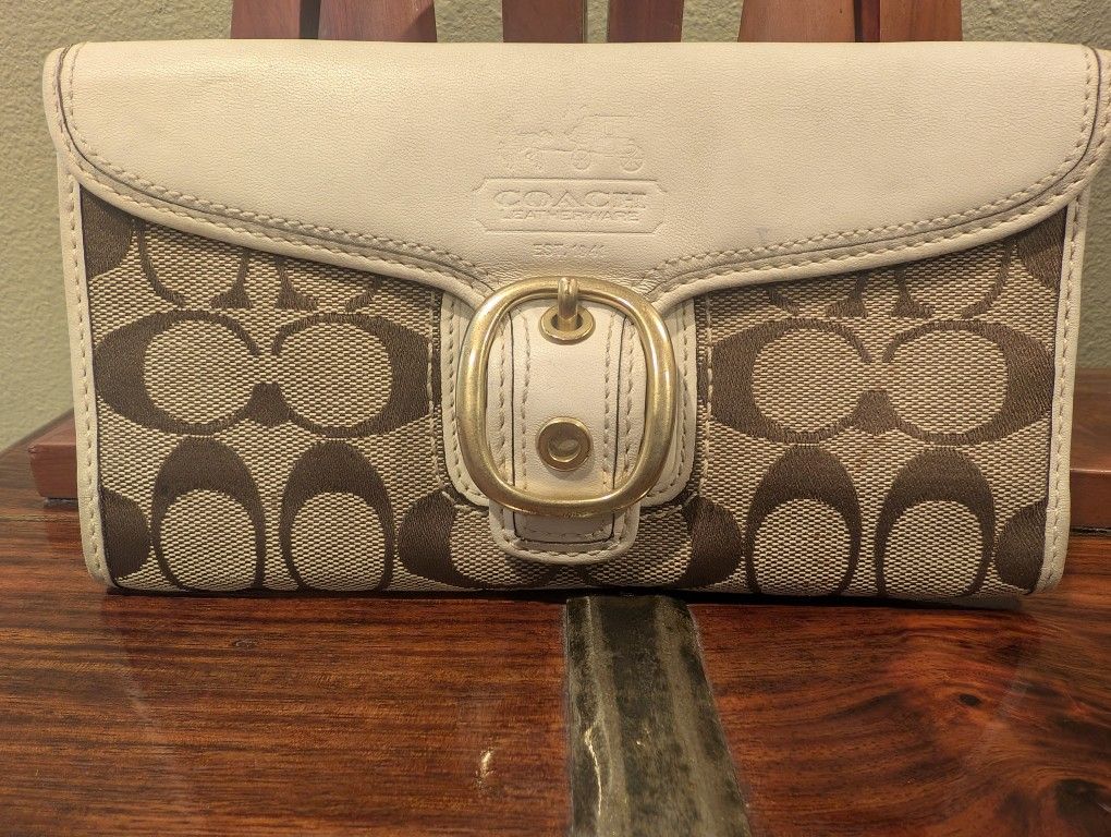 Authentic COACH Beige & Brown Canvas & Leather Wallet **Wear / Flaws**