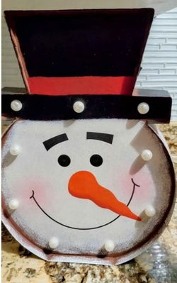 Christmas Snowman Metal LED Marquee Sign 14" x 11" - Light Up Snowman with Top Hat Battery Operated