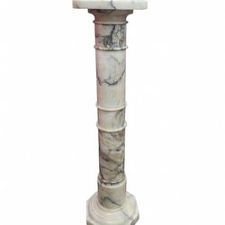 Antique-Style Marble Pedestal – Multi-Ringed Column in Veined Cream Marble, Square Top & Octagonal Base