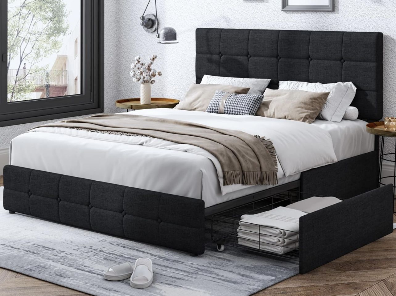 Modern Upholstered Bed Frame with 4 Storage Drawers