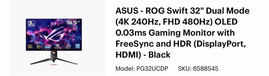 ASUS - ROG Swift 32" Dual Mode (4K 240Hz, FHD 480Hz) OLED