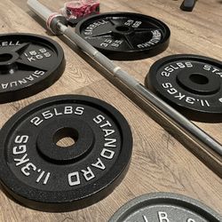 Titan Fitness Olympic 700 lbs 6 ft Bar [& Weight Plates: 35s, 25s, 10s, 5s, 2.5s] Total 185 lbs]