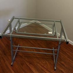 Modern Glass Top Desk w/ Metal Frame (2-Tier Shelf)