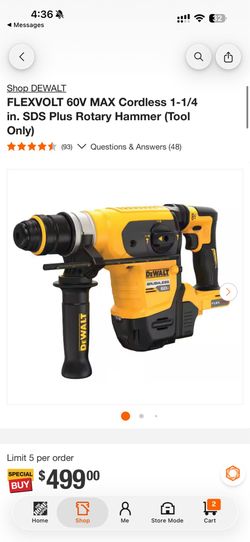 DEWALT FLEXVOLT 60V MAX Cordless 1-1/4 in. SDS Plus Rotary Hammer (Tool Only)