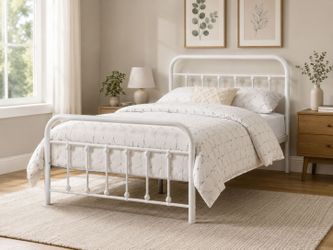 White Metal Bed Frame – Vintage Farmhouse Style – Twin