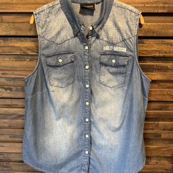 Harley Davidson Womens Liberty Bell Sleeveless Denim Shirt Tank Top XL