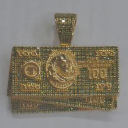 1Okt yellow gold 100 dollar bill  10.1 grams with 1 carat  micro pave green diamonds 877932-2