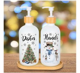 Christmas Soap Dispenser Set with Bamboo Tray