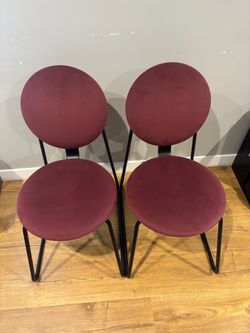 Set of 2 Modern Velvet Dining Chairs — Burgundy, Black Metal Legs