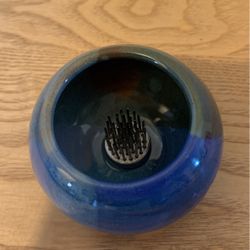 Small ikebana pottery art blues greens Browns 3 1/2” x 2” high