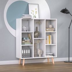 White Small Bookshelf, Wood 8 Cube Storage Organizer Book Shelves with Legs, Freestanding Open Shelf Modern Bookcase for Bedroom, Office, Living Room