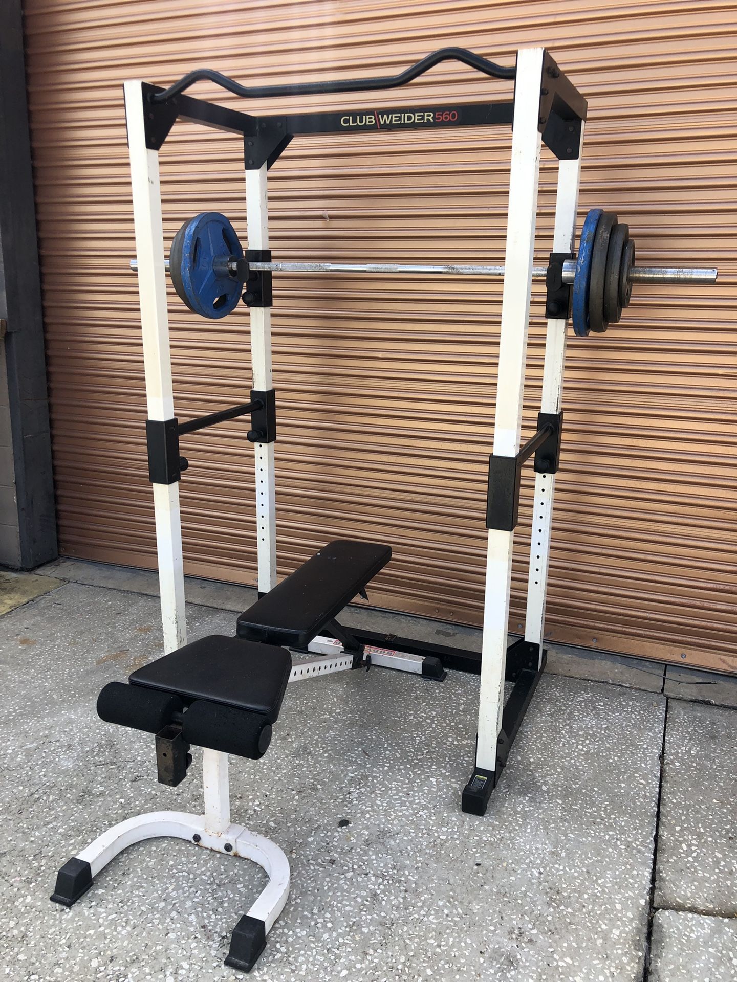 Full Squat Rack w/ Adjustable Bench, 265 Lb Olympic Weight Set Complete Home Gym