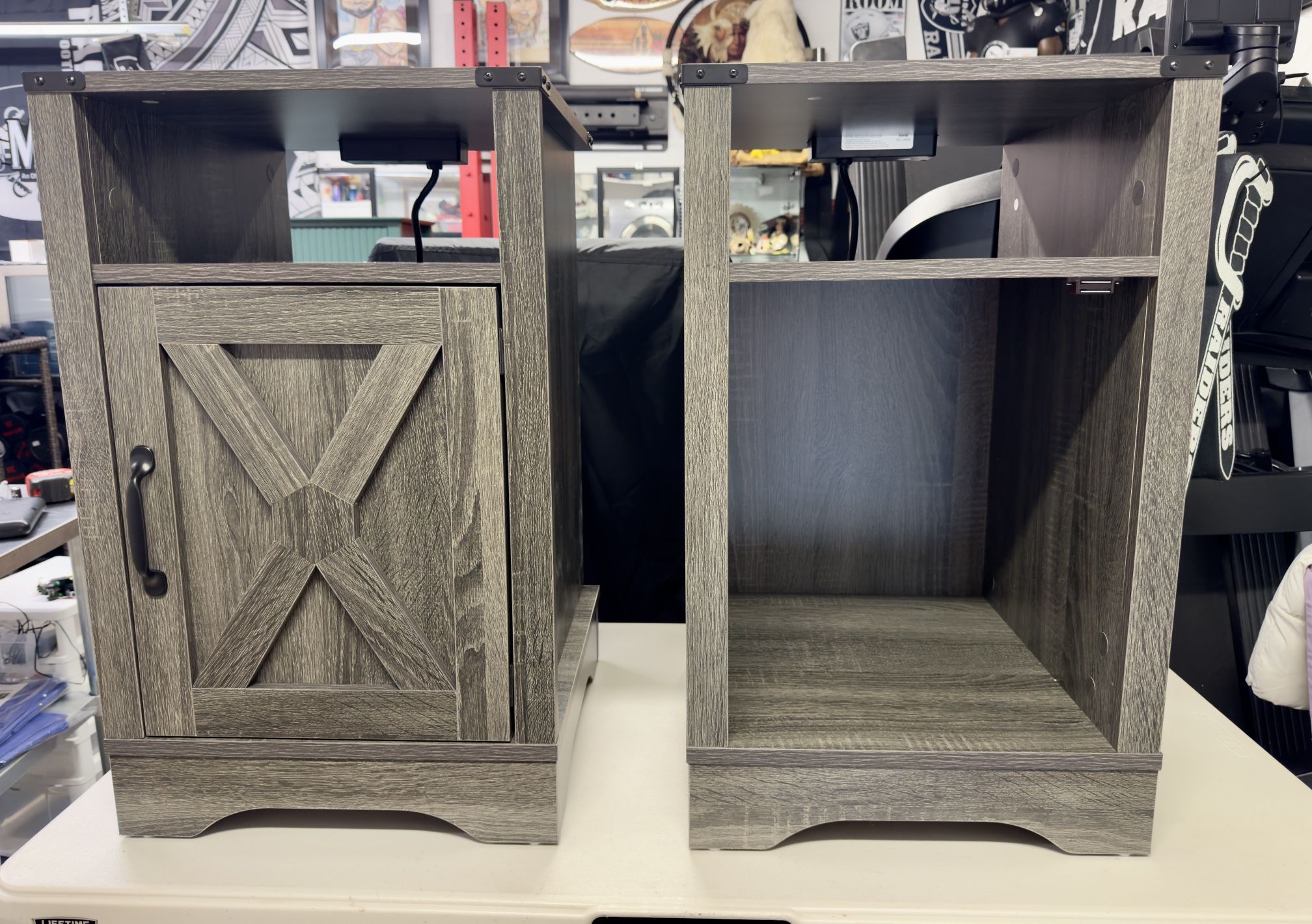 RoyalCraft Farmhouse Nightstand Set of 2 , Tall Bedside Table with Charging Station, Wooden Rustic