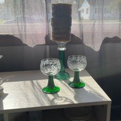 Vintage Luminarc France Wine Glass Etched Grapevine Green Ribbed Stem Crystal