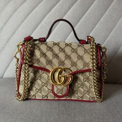 Authentic GUCCI GG Marmont Mini Top Handle Tote Bag – Beige/Red  