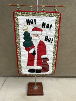 Vintage Completed Large Quilted Santa Wall Hanging 