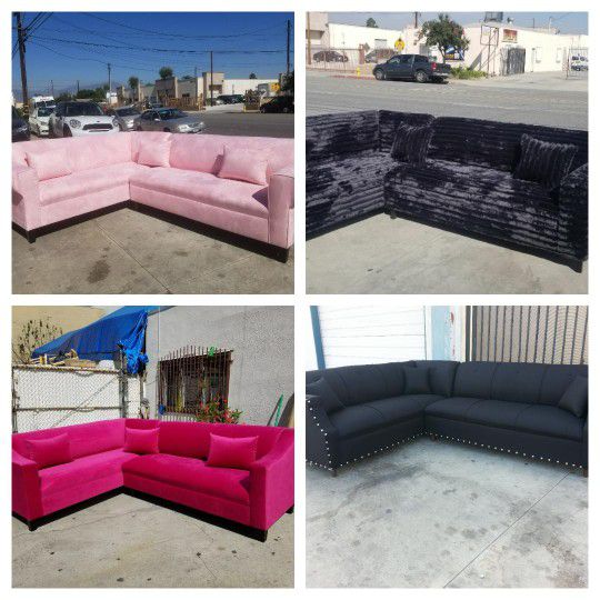 Brand NEW 7X9FT  SECTIONAL Sofas LIGHT PINK/PAISLEY BLACK/FUCHSIA/ BLACK FABRIC WITH STUDS Couches  2pcs 