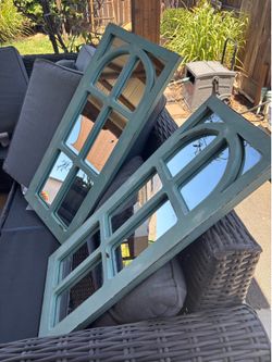 Blue green rustic wooden arched window paned mirror