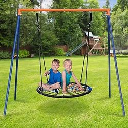 Kids Web Swing Set - 40’’ Spider Net Tree Swing and Metal Swing Frame Stand Swing Playset for Backyard Playground Kids Play Fun
