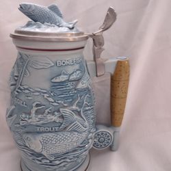 Avon Collectible Fishing Stein. This Handsome Embossed Ceramic Stein, With A Salmon Motif Lid,  Is Dated And Numbered For Collectors. Never Used.