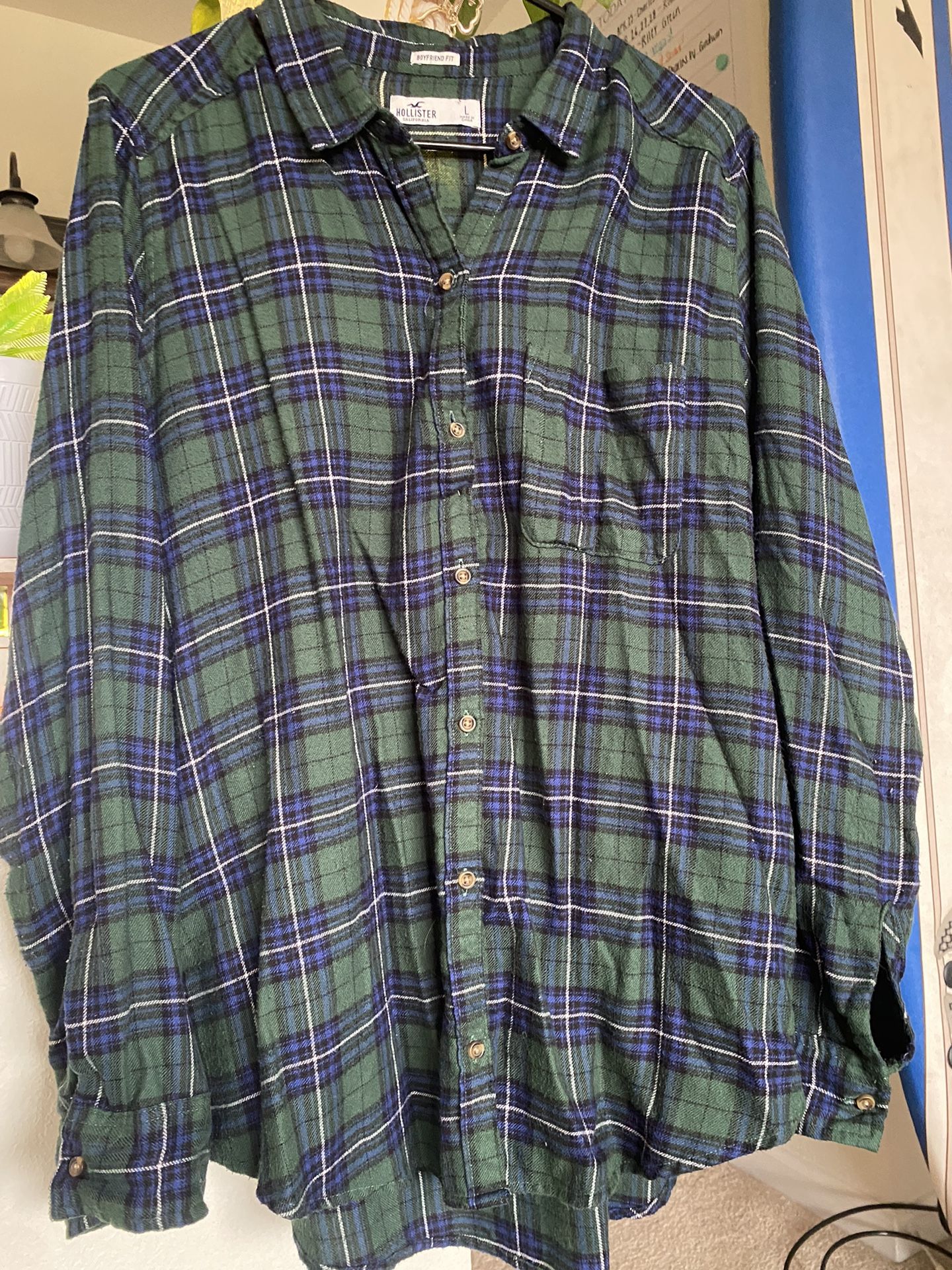 Hollister Womens Flannel Button Up Size L Plaid Long Sleeve Green Boyfriend Fit