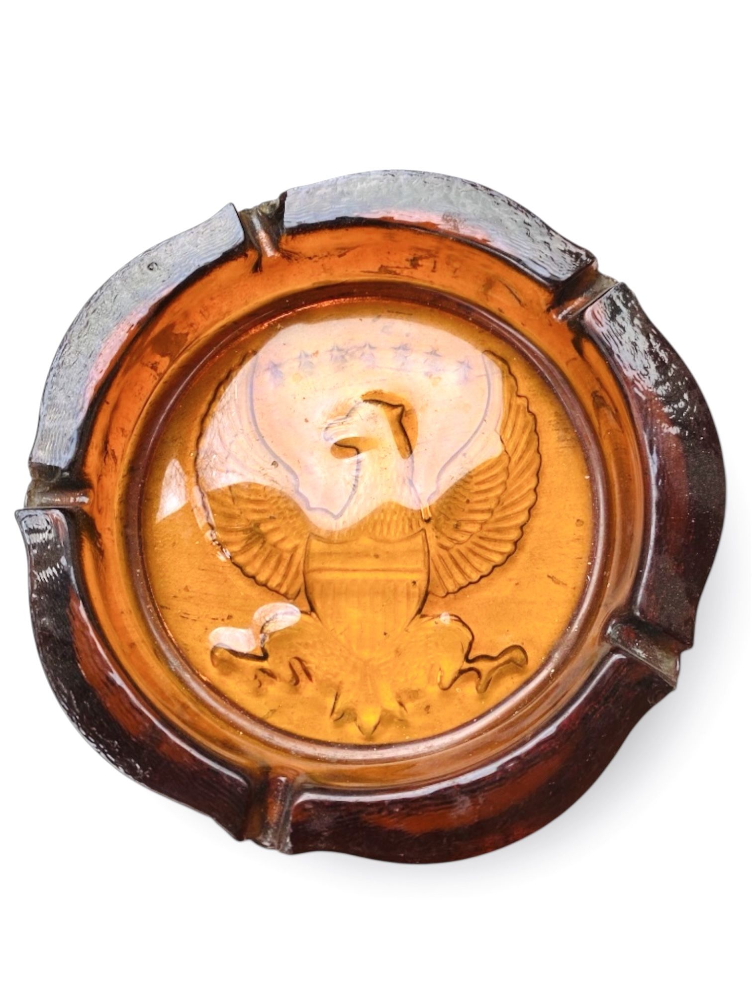 Vintage Amber Glass Eagle Ashtray Patriotic Trinket Dish