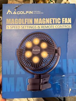 New in Box Magolfin Magnetic Portable Outdoor Fan (box damaged - unopened)   Versatile portable outdoor fan with a 12000 mAh battery capacity. This bl