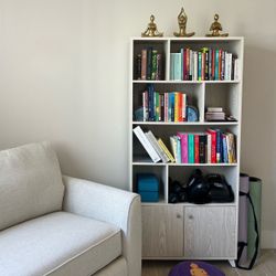 Modern Bookcase with 2 Doors 68" Tall Storage Cabinet Wooden Bookshelf with 7 Compartments for Home Office, White Wash