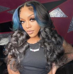 Human Hair Blend 28 Inch Skunk Stripe Body Wave Wig 