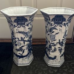 Two white and blue vases used