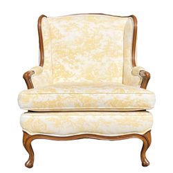 Mid 20th Century Yellow Toile French Country Wingback Chair