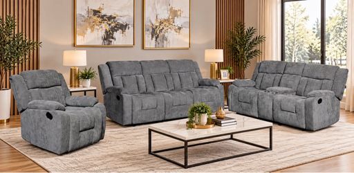 3-Piece Gray Fabric Reclining Sofa Set