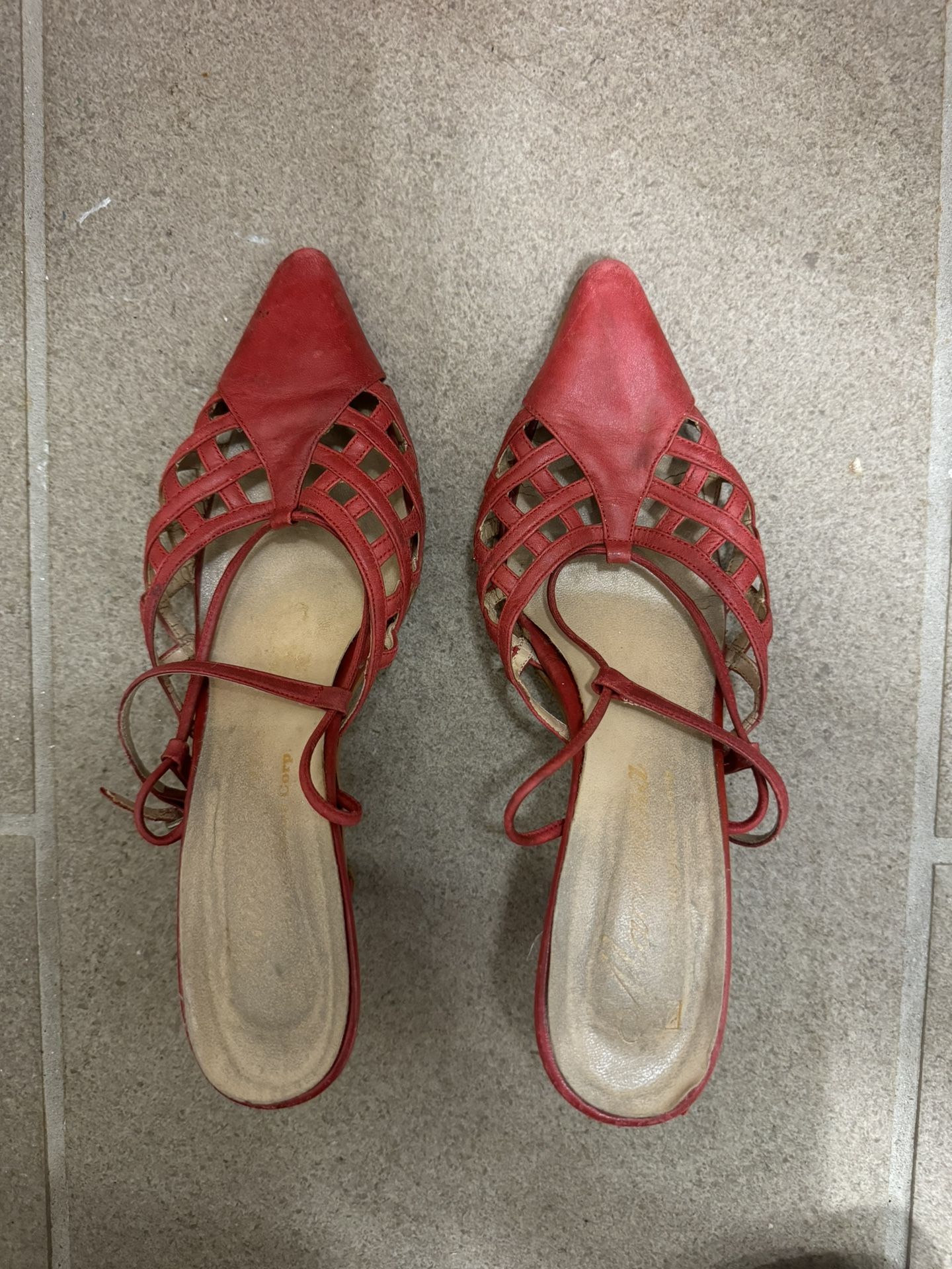 Vintage Red Leather Slingback Heeled Sandals