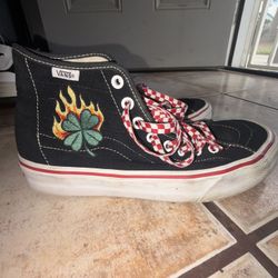 VANS Black High-Top Sneakers Embroidered Flames Checkered Laces US 6.5