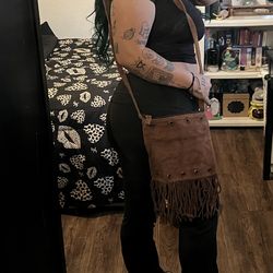 Brown suede fringe shoulder bag boho festival Coachella