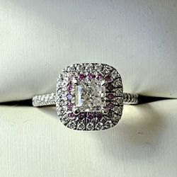 Platinum Lab Diamond Ring 0.79ct E/VVS2 Pink Halo + Hidden Halo Pave