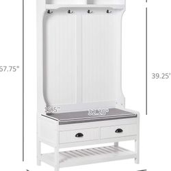 3-in-1 Hall Tree, Entryway Bench with Coat Rack, Mudroom Bench with Shoe Rack, 2 Storage Drawers, 4 Hooks and Padded Seat Cushions for Hallway, White 