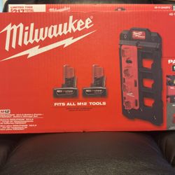 Milwaukee M12 12V Lithium-lon XC Extended Capacity 4.0 Ah Battery 2-Pack w/PACKOUT Compact Wall Plate & M12 Battery Rack