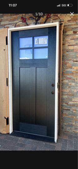 Regency 36 in. × 80 in. 4 Lite 1/4 Toplite LHIS Clear Glass Onyx Stained Fir Grain Fiberglass Prehung Front Door
