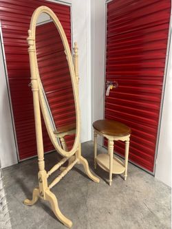 Oval floor mirror with side table