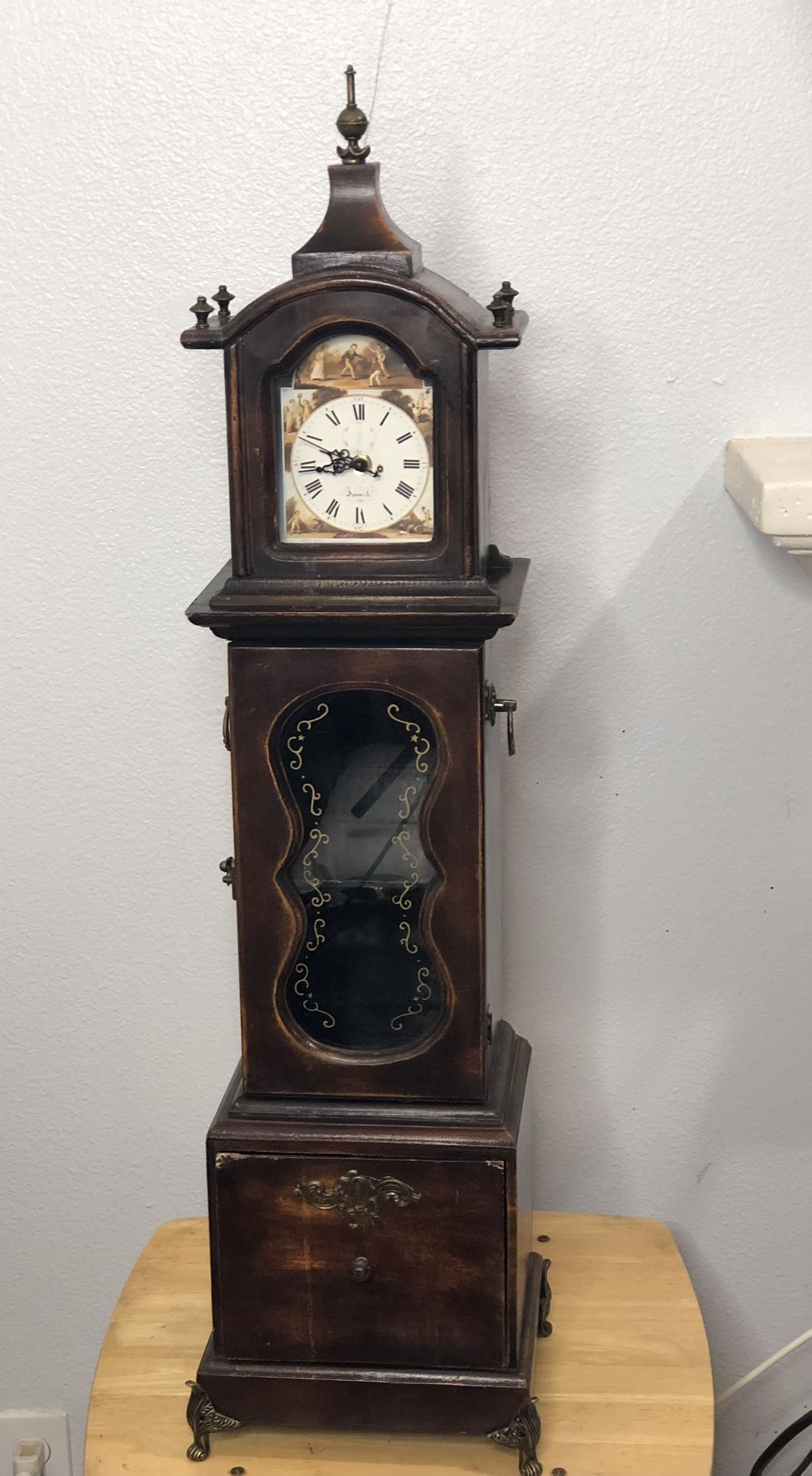 Vintage Spowich Long-case Oak Clock 36 1/2” Tall, Brass Hardware-WORKS-RARE