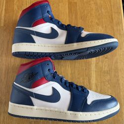New Nike Air Jordan 1 Mid White French Blue Red USA Women’s 12, Men’s 10.5