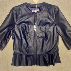 My Tribe Peplum Ruffle  Navy Blue Genuine Leather Jacket Size XS